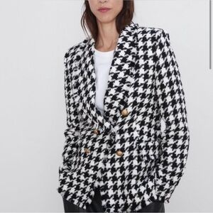 Zara Black and White Double-Breasted Blazer with Gold Buttons